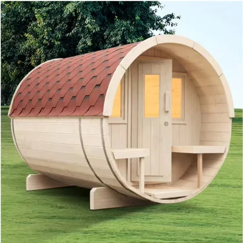 Low Price Solid Wood Spruce Outdoor Barrel Sauna Room 4 Person Traditional Steam Sauna for Courtyard