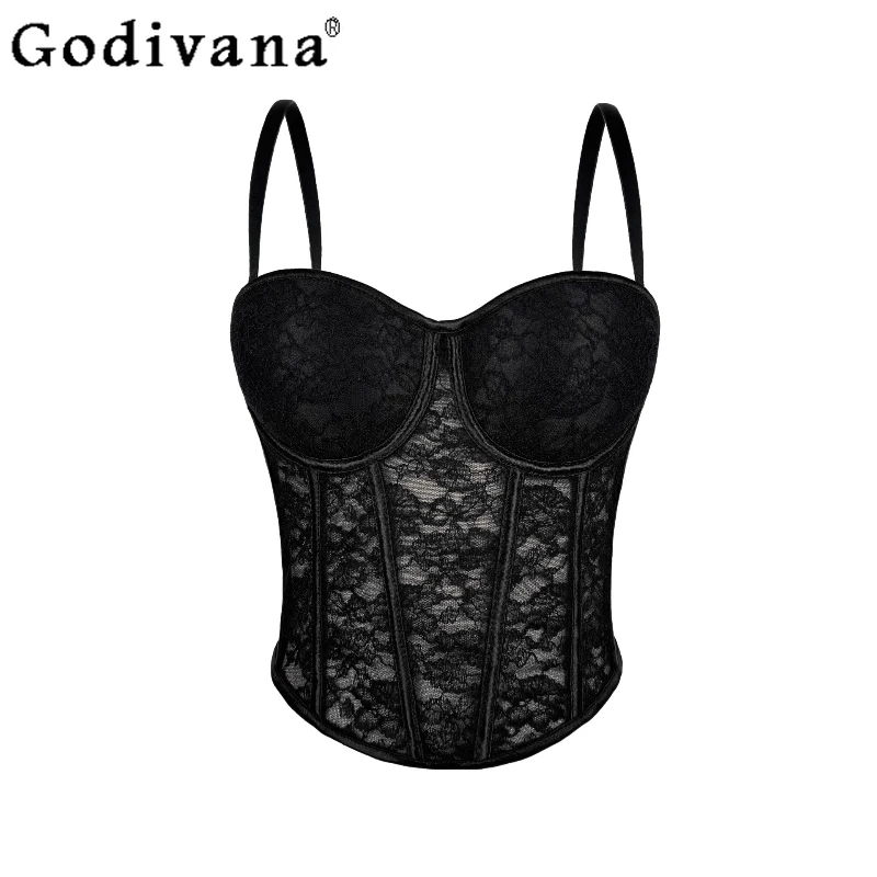 

French Lace Gauze Steel Rim Fish Bone Bra Sling Vest Women Spring Summer New Short Sexy Solid Color Fashion Versatile Slim Top