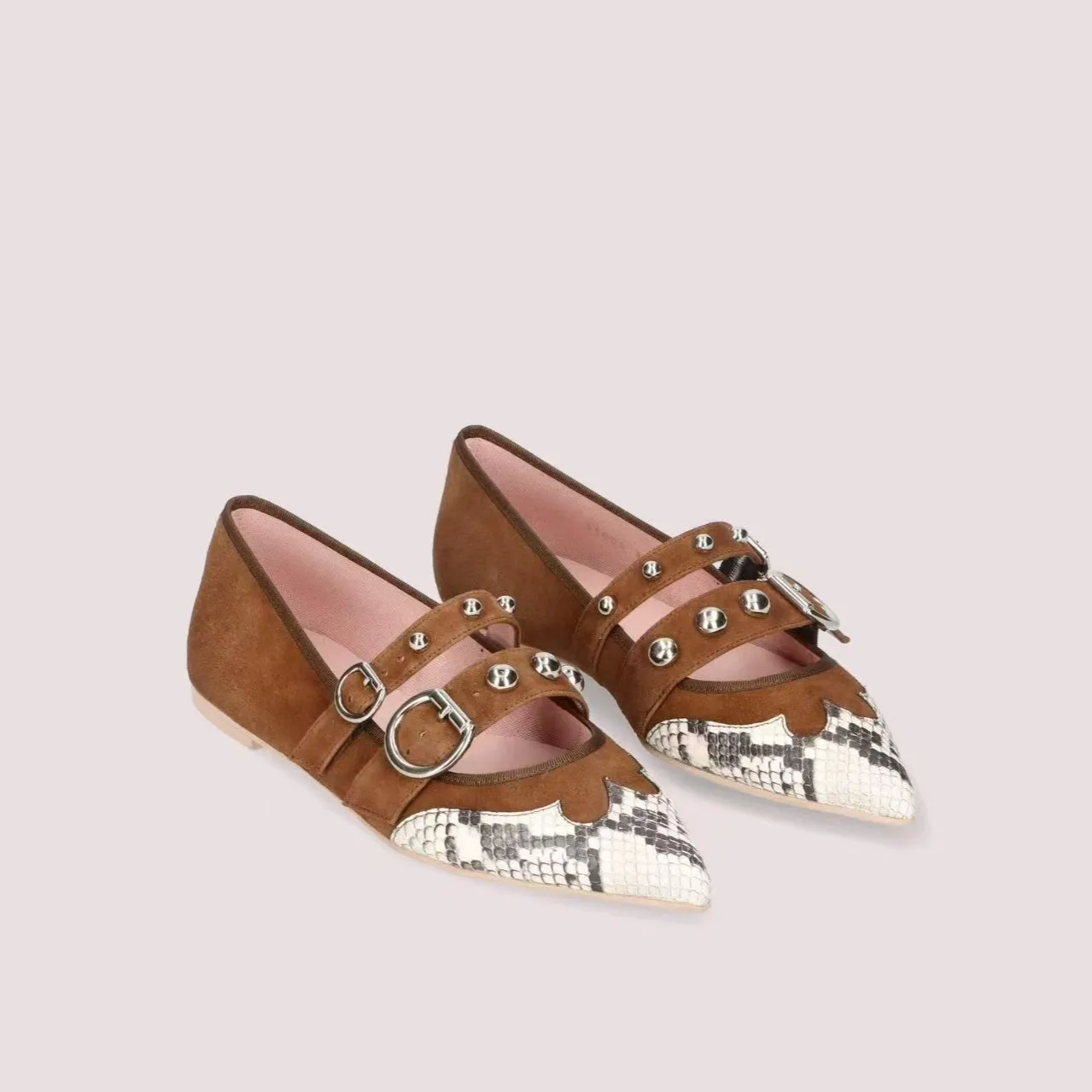 New Women Brown Suede Snake Print Patch Mary Jane Flats Double Metal Buckle Rivet Decor Pointed Toe Daily Vintage Flat Shoes