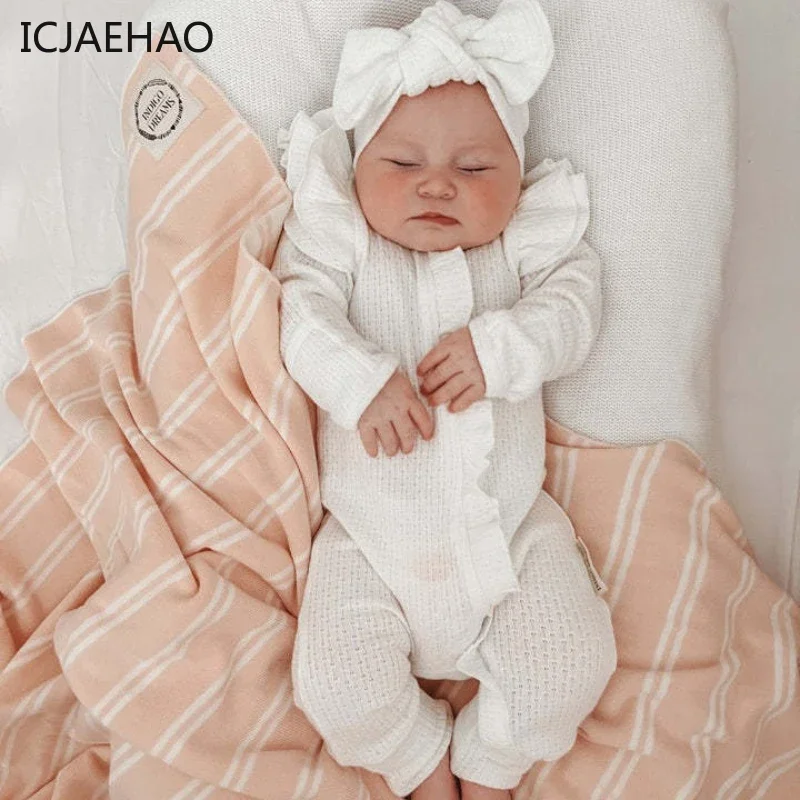 ICJAEHAO Newborns Girl Baby Jumpsuit Autumn Outfit Matching Long-Sleeved Foot Knitted Stretch Wafflet Jumpsuits Overalls Clothes