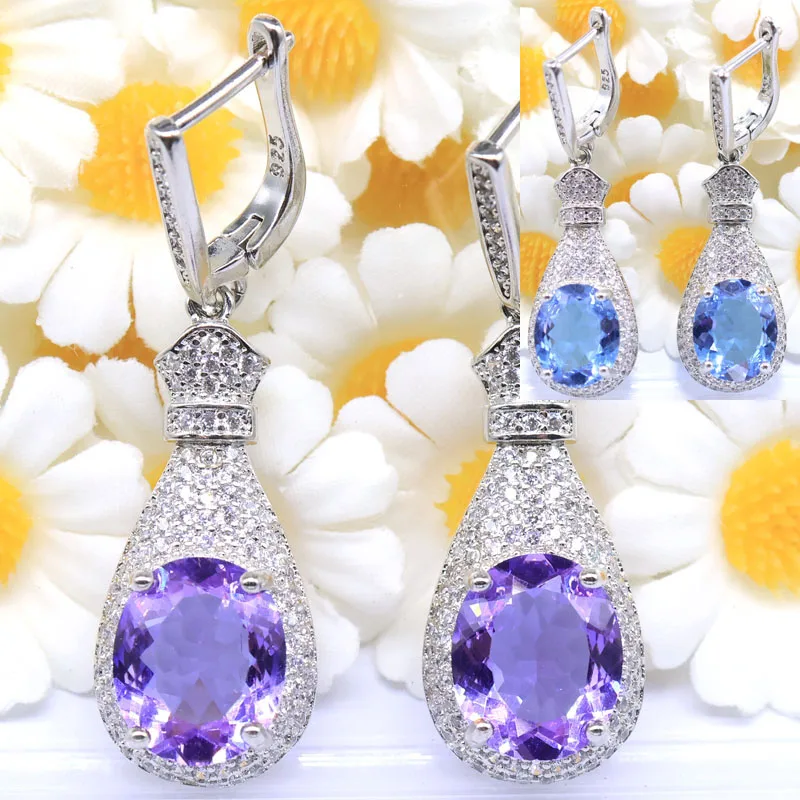 SheCrown 45x13mm Created Real Emerald Zultanite Color Changing Alexandrite Topaz CZ Ladies Present Silver Plated Earrings