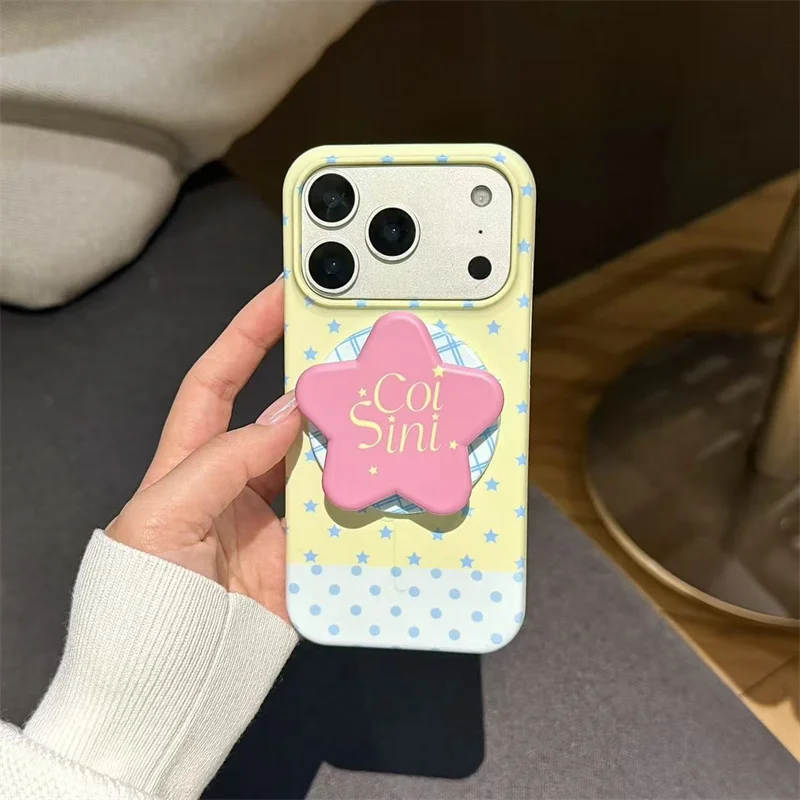 

Cute Yellow Blue Star Polka Dot Patchwork Phone Case with Pink Star Magnetic Grip Holder For iPhone 17 16 15 Pro Max Soft Protec