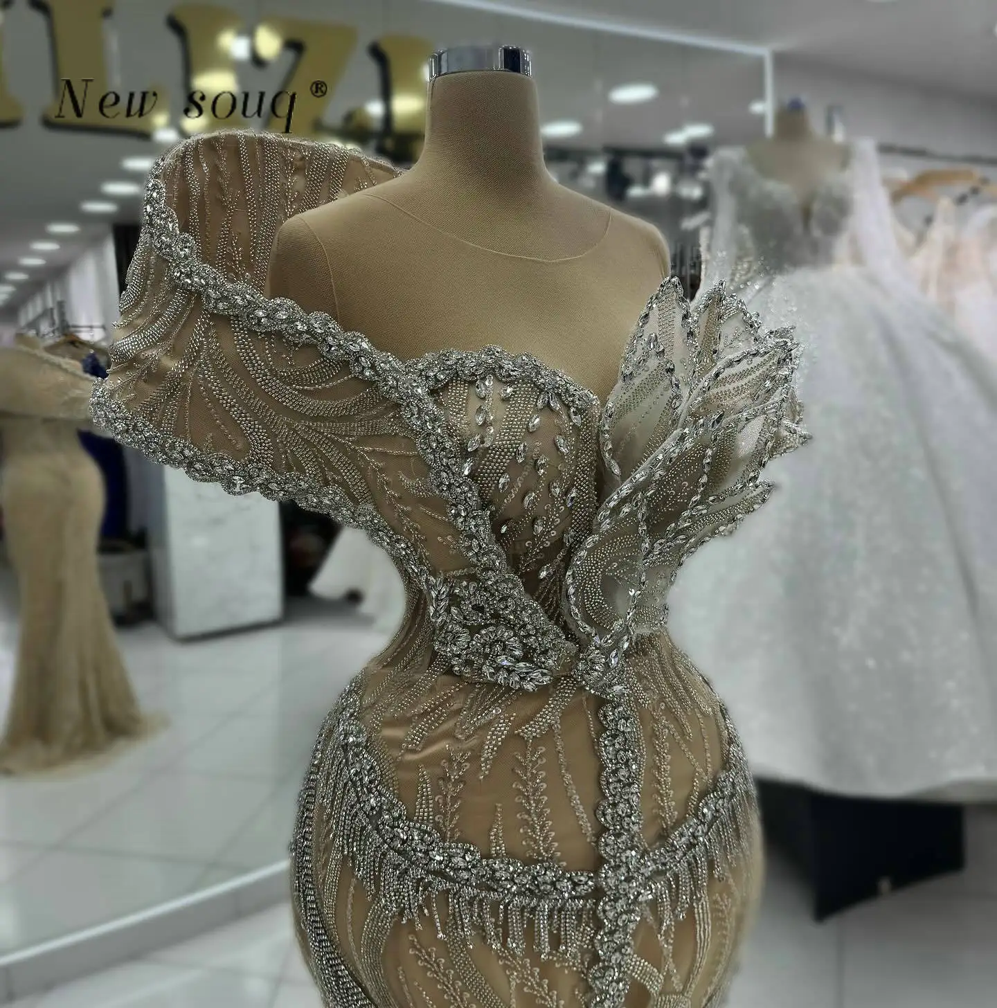Arabic Dark Chamapgne Long Formal Mermaid Evening Dresses 3D Leaf Design Off Shoulder Crystal Tassels Women Wedding Party Gowns image 2