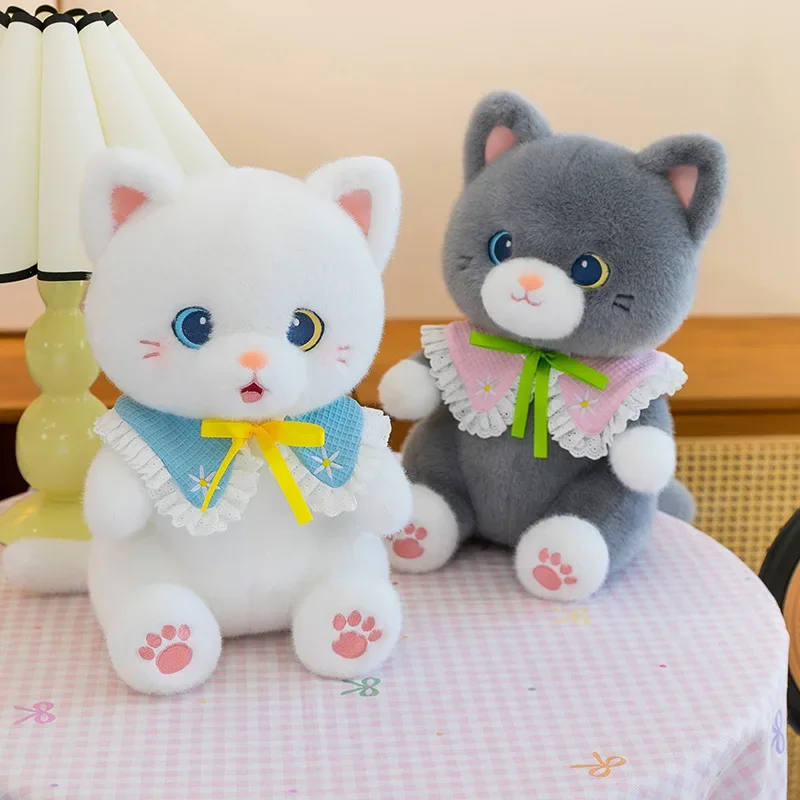 Kawaii Cartoon Cat Plush Doll With Lace Bib Bow Tie Shawl Cute Healing Kitten Soft Stuffed Toy Home Decor Birthday Gift For Girl