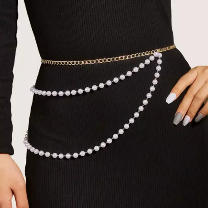 Y2K Retro Multilayer Pearl Waist Chain Belt For Women - Stylish Body Jewelry Accessories For Party & Casual Wear Waistband