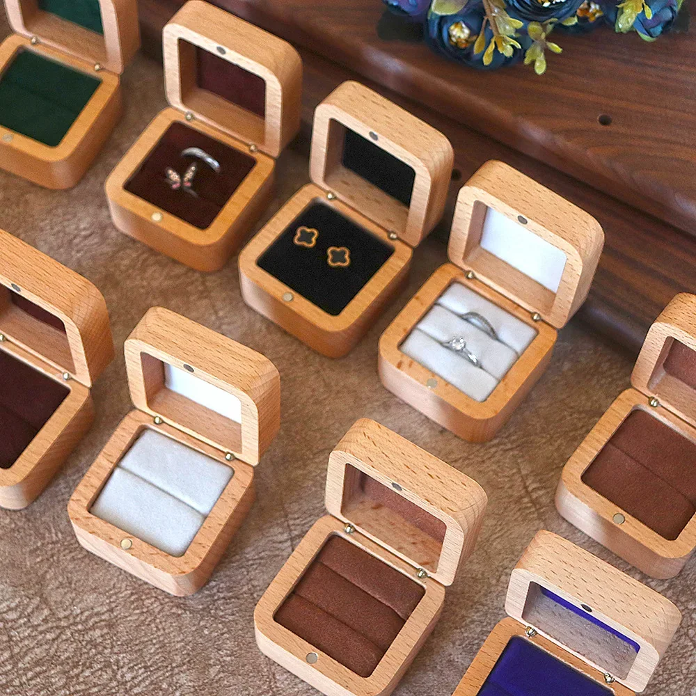 

Буковая коробка для обручальных колец, маленькая коробка для хранения ювелирных изделий, подарочная коробка, держатель для колец «сделай сам», серьги, кулон, коробка для упаковки ювелирных изделий