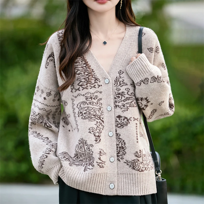 

Высококачественный женский свитер из 100% кашемира, кардиган с v-образным вырезом и вышивкой, осень-зима 2025, плотное повседневное свободное вязаное пальто большого размера