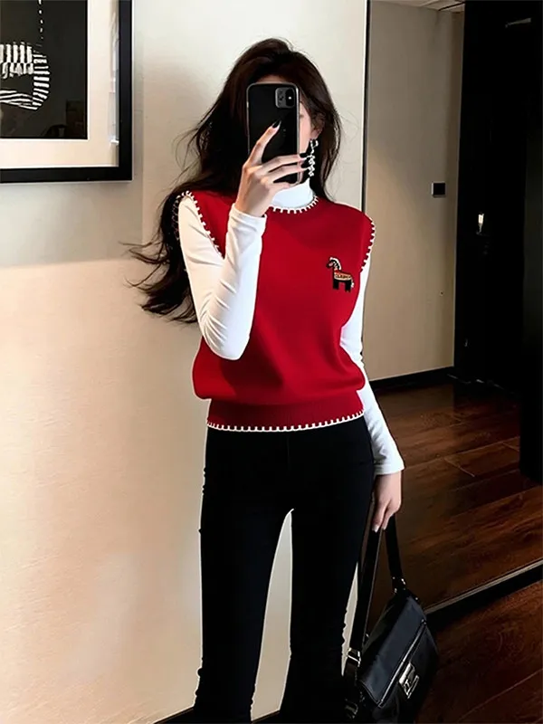 

Cisas New Year Red Knitted Sweater Vest Layering Faion Unique Beautiful Design Warm Outerwear for Women