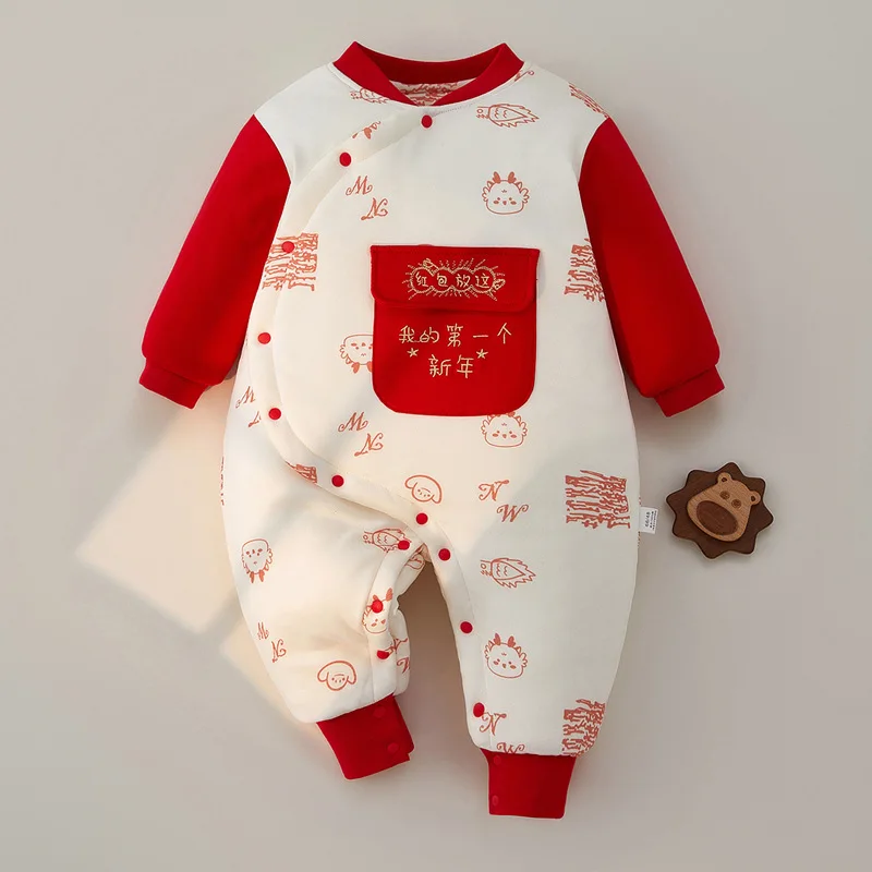 

Jenny&Dave Newborn baby jumpsuit with thickened autumn and winter red New Year's greetings for female babies, three-layer cotton