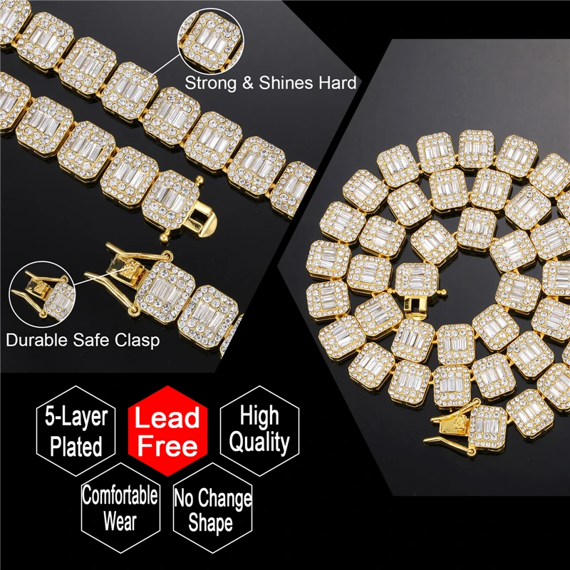 Hip hop 12mm bling gelo para fora corrente de tênis quadrado treliça aaa cz pedra gargantilhas colares pulseira para homem feminino jóias gargantilha