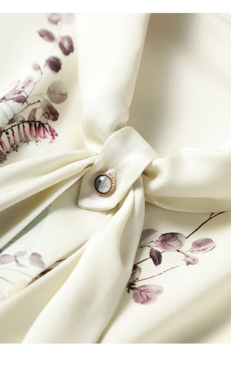 Chiffon Vintage Women's Shirts Spring/summer Prints Blouses Loose Long Sleeves Women Tops Bow Fashion Clothing 2024 Korean