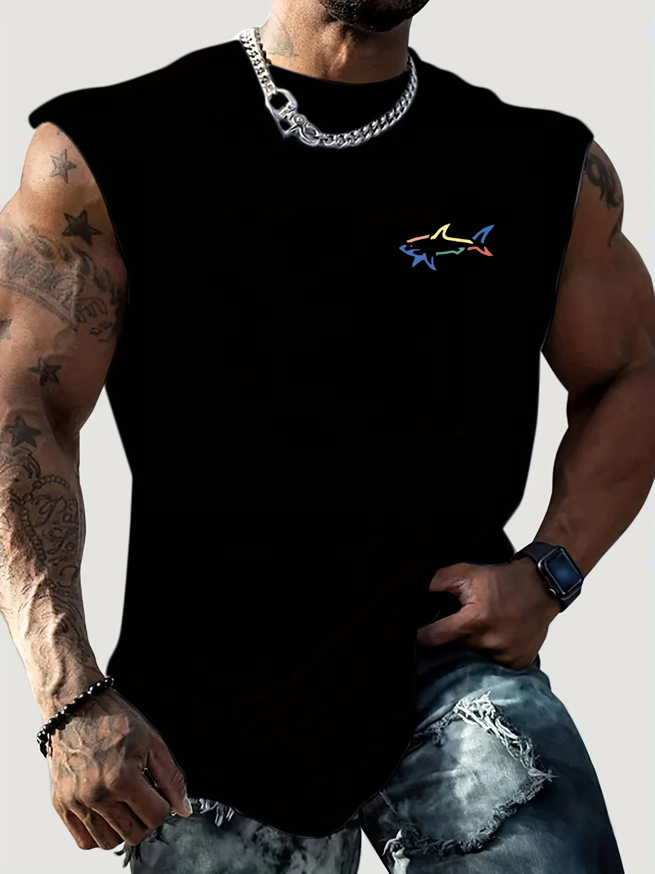 

Men's Summer Leisure Sports Fitness Loose Shark Pattern Printed Comfortable and Breathable Round Neck Sleeveless Tank Top