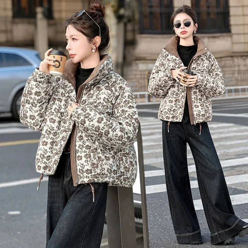 

Printed Down Coat Women Parkas Winter New 2025Ins Loose Cotton-Padded Jacket Stand Collar Outerwear Fashion Overcoat Female Tops