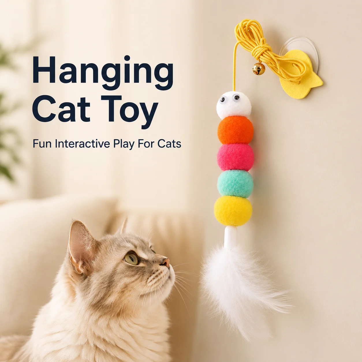 Hanging Cat Toy With Suction Cup, Interactive Feather Teaser Wand For Cats, Colorful Plush Ball Caterpillar Toy With Bell And Elastic Rope, Wall Mounted Kitty Exercise Toy For Indoor Cats, Kitten Chase Pounce Play Accessory, Pet Supplies Gift