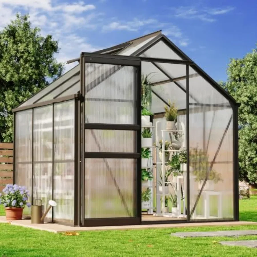 6x6 Feet Polycarbonate Greenhouse for outdoor gardening, rust-resistant aluminum frame, transparent, durable UV-protected panel