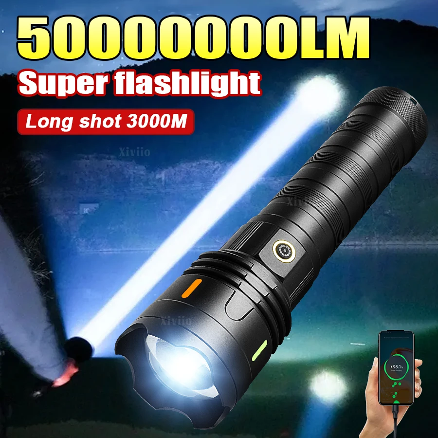 

50000000LM Most Powerful LED Flahlight 3000M Lighting Rechargeable Torch 10000mAh Built-in battery Zoomable Tactical Lantern