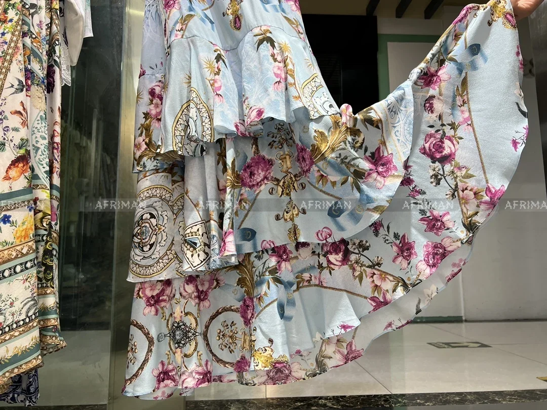 Gravata de cristal frisada com decote V feminina, estampa floral retrô, vestido de seda longo de várias camadas, mulheres