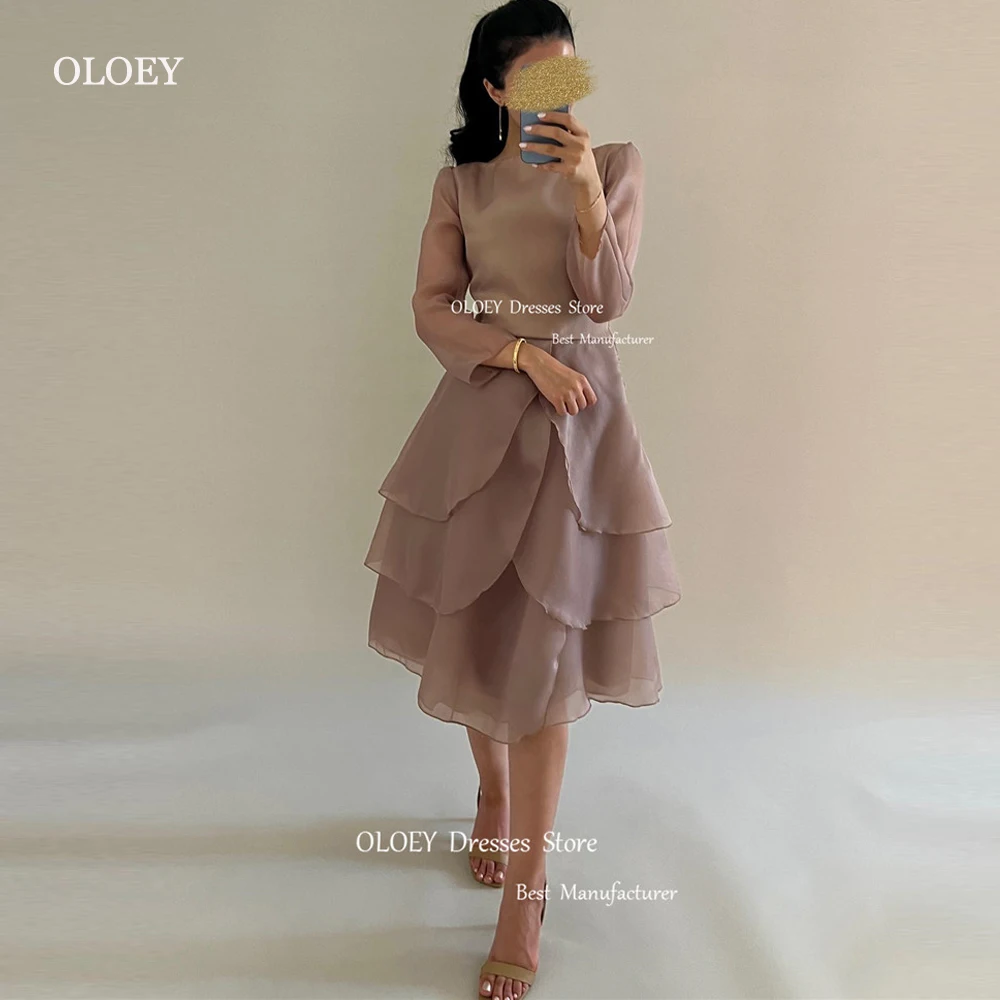 

OLOEY Vintage Arabic Women Evening Party Dresses Long Sleeves Bateau Neck Tiered Silk Organza Knee Length Formal Prom Gowns