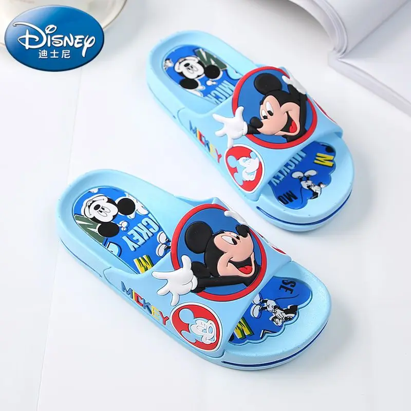 Disney Children\'s Slippers Summer Boys Girls Indoor Home Bathroom Non-slip Mickey Minnie Slippers Blue Pink Shoes Size 15-16cm