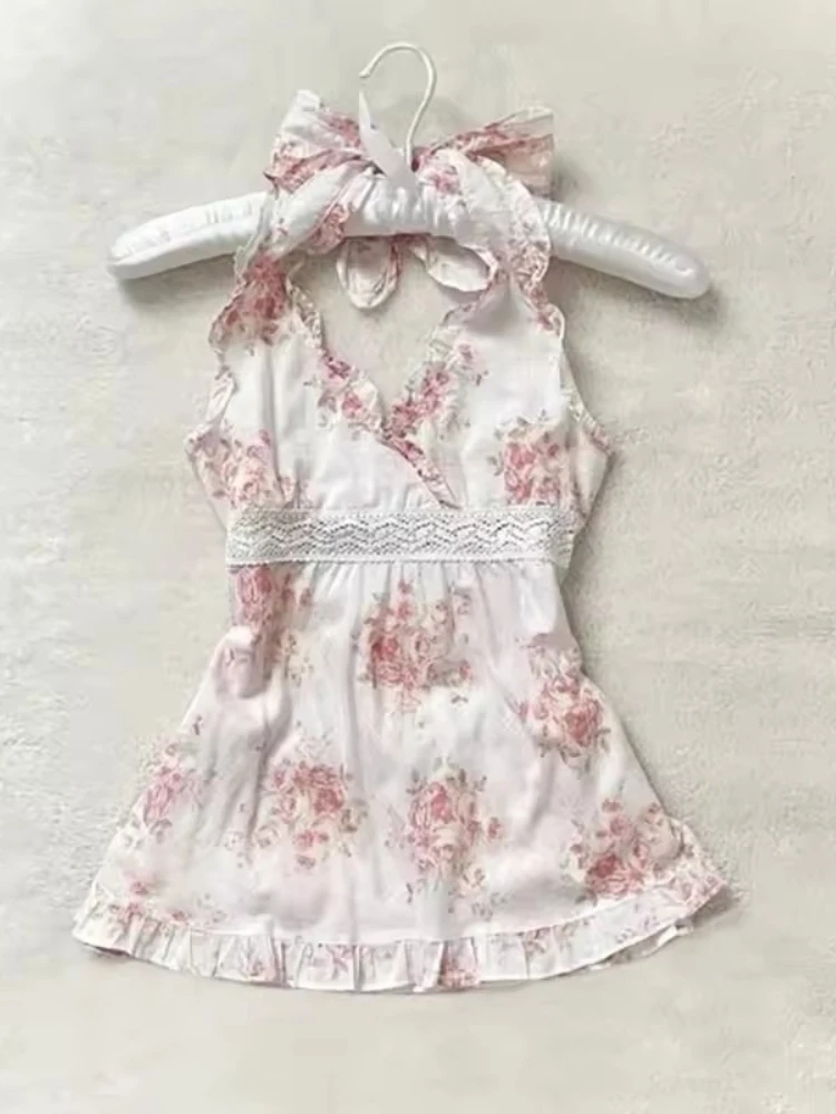 

Японские милые кружевные топы с цветочным принтом, женские топы с подвесным воротником, новый дизайн, сексуальный стиль, подтяжки без рукавов, Harajuku, модная тонкая одежда