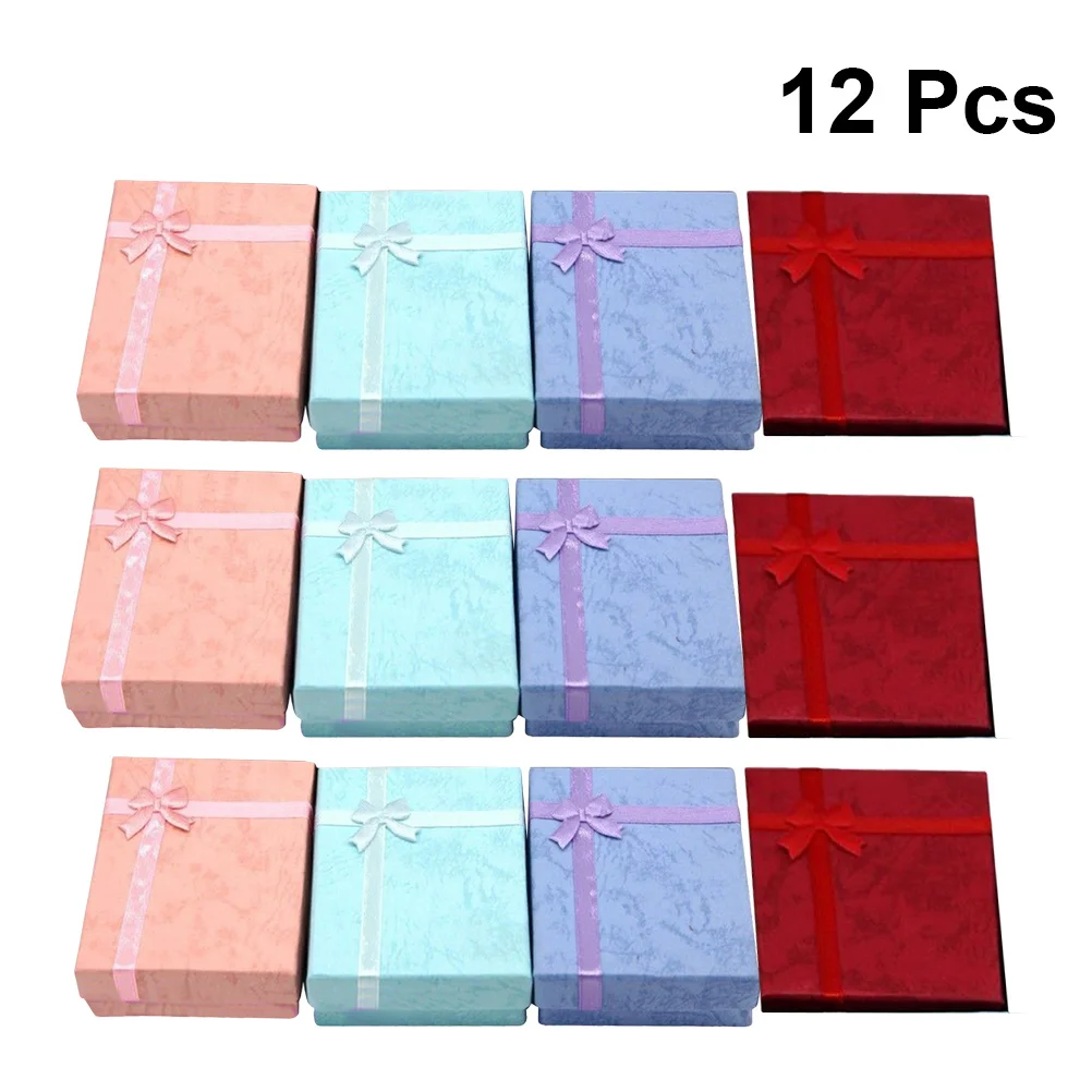 Juego de caja de joyería de 12 Uds con diseño de lazo de satén para collares, pulseras, pendientes, 4 colores (rosa, azul, morado), regalo Premium