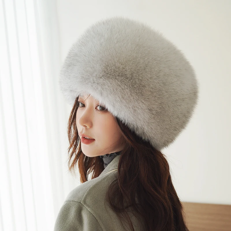 Natural Fox Fur Beanies Women Winter Warm Fluffy Popular Russia Style Female Round Cap Fashion Real Fur Hats