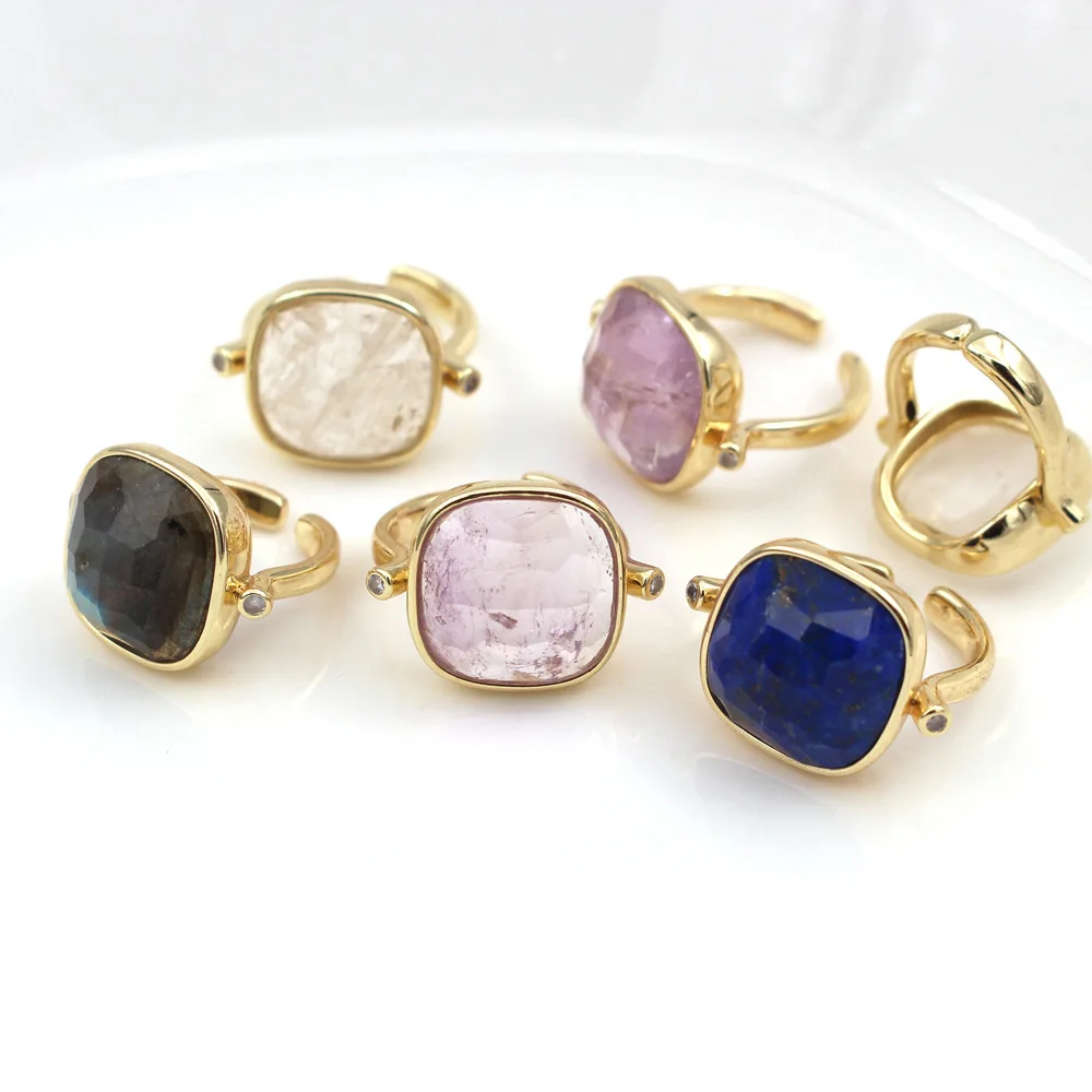 

3pc Facted Square Teardrop Women Rings Amethyst Lapis Labradorite Stone Adjustable Open Finger Ring Wedding Party Gift