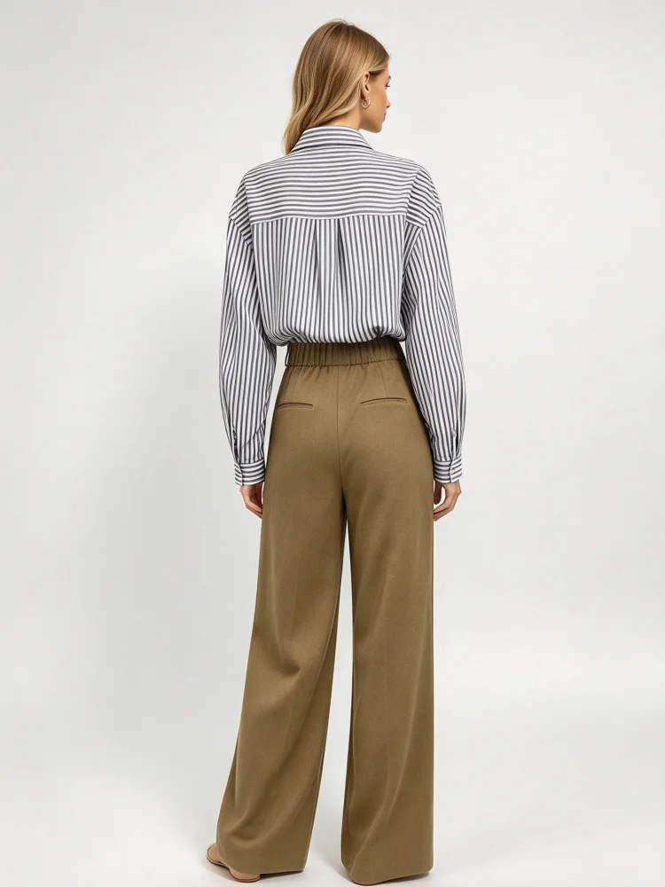 Women Matching Set Striped Button Down Shirt Elastic High Waist Wide Leg Trousers Casual Daily Workwear Two Piece Outfits