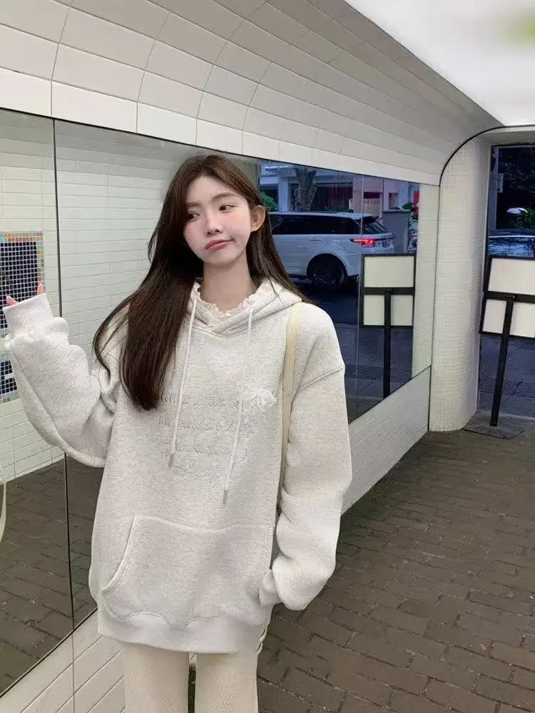 Dopamine Lace Trim French Embroidery Butterfly Hoodie Women 2025 Autumn Winter Fleece Lined Oversized Warm Sweatshirt