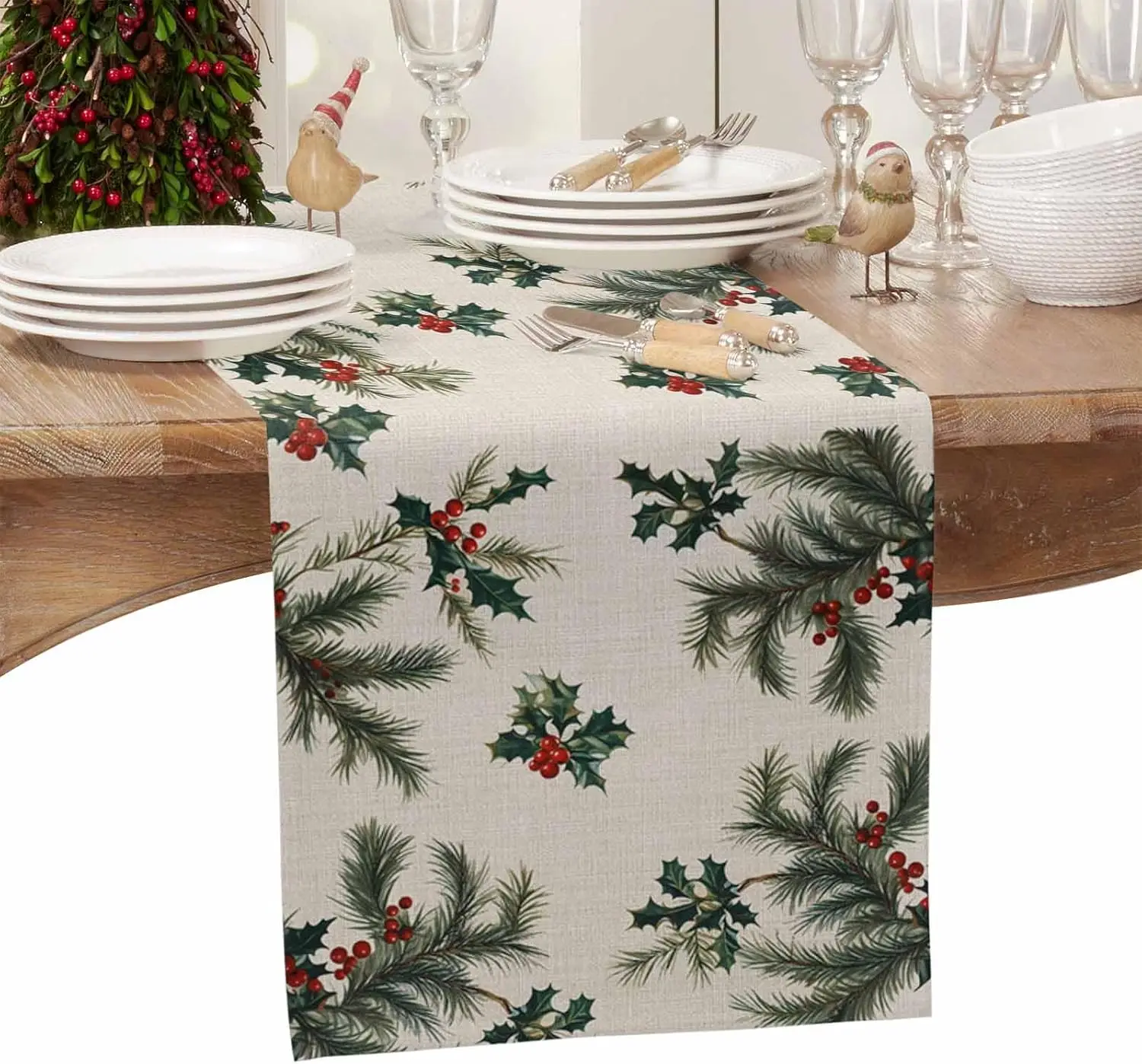 Christmas Pine Needle Berry Linen Table Runner for Dining Table Decor Winter Xmas Botanical Table Runners Christmas Decorations