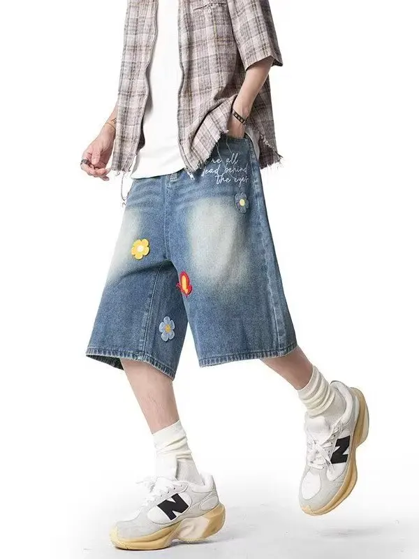 

Ele Embroidered Patchwork Five-Point Men's Jeans orts Summer Lazy Sle Straight Cut Trendy Brand mid Waist Casual Pants