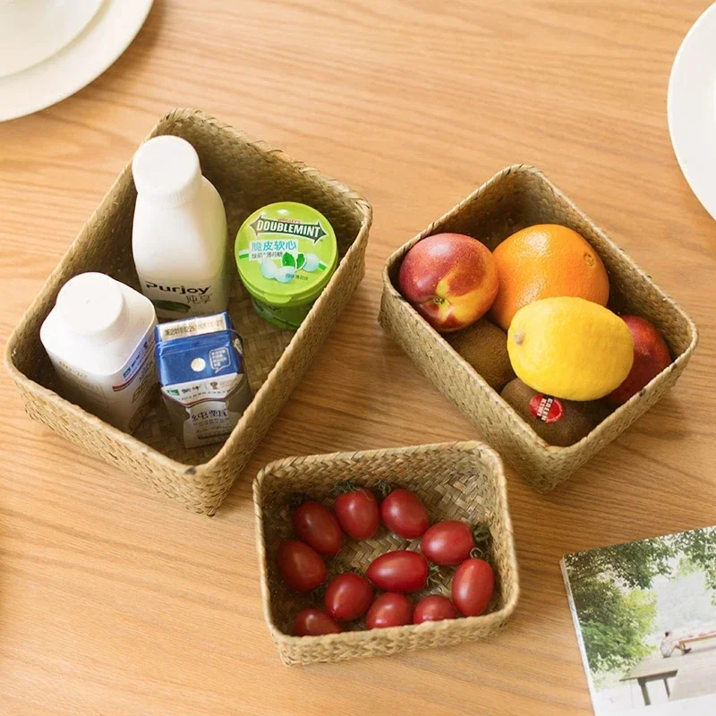 Woven Seagrass Storage Baskets Straw Rattan Basket Desk Organizer Picnic Basket Fruit Storage Box Cosmetic Storage Container New