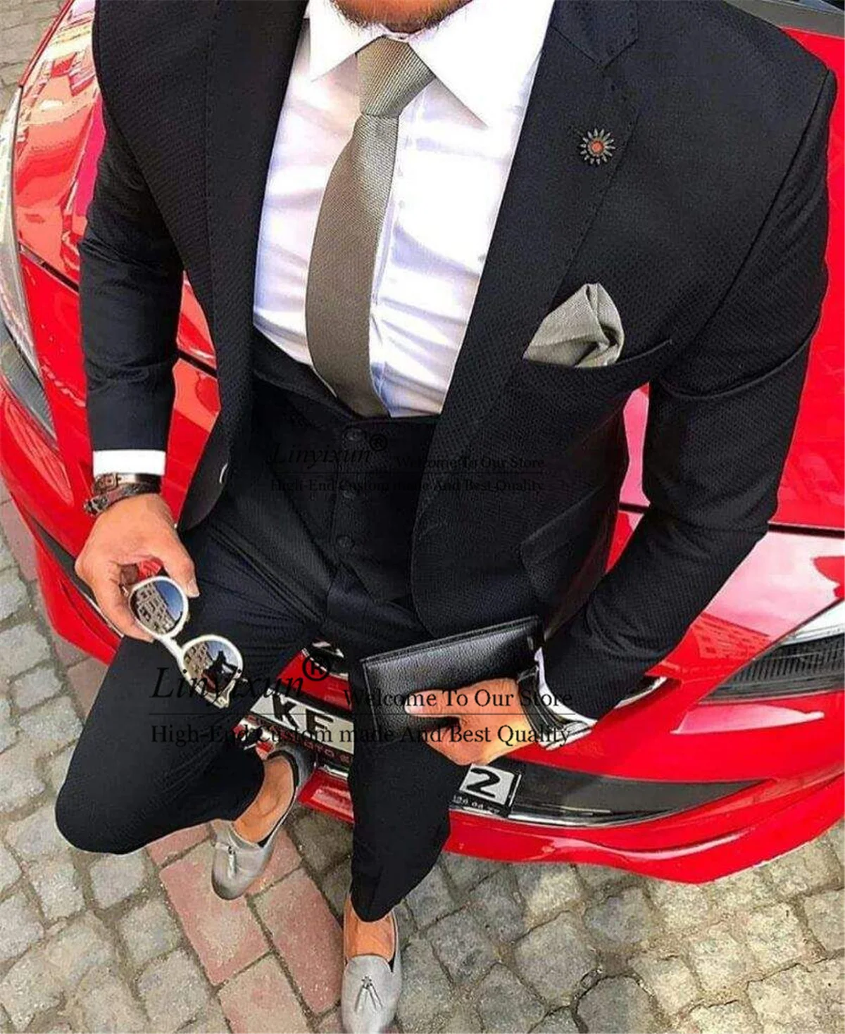 

Formal Black Suits For Men Slim Fit Peak Lapel Groom Wedding Tuxedos 3 Pieces Set Business Male Blazer Vest Pant Terno Masculino