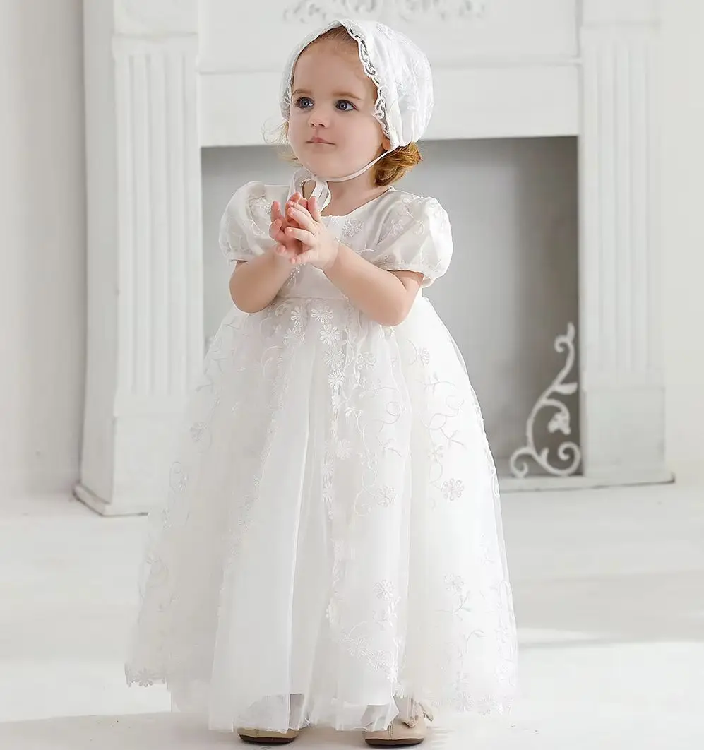 Baby Girl Baptism Dress for Birthday Infant Long Eleagant Dress Kid's White Clothes with Hat 0-24M