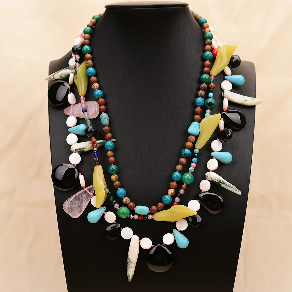 APDGG A12 Handmade 3 Rows Natural Mix Stone Shell Jade Jasper Onyx Multi Strands Necklace