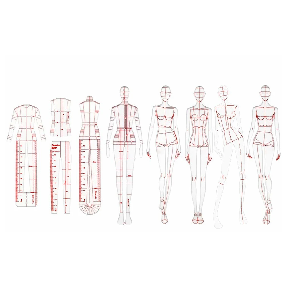 Mode Illustration Lineale Skizzieren Vorlagen Lineal Nähen humanoide Muster Design Kleidung Messen, Kombination