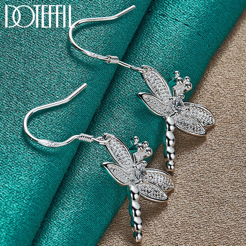 DOTEFFIL 925 Sterling Silver Dragonfly AAA Round Zircon Drop Earrings For Woman Wedding Engagement Party Fashion Charm Jewelry