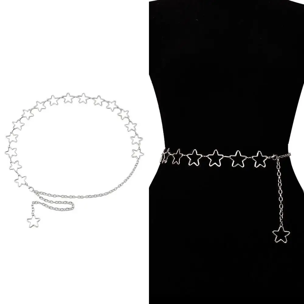 Women Casual Trendy Elegant Pentagrams Metal Chain Belt Luxury Thin Waistband Crystal Waist Band Slimming Cummerbands