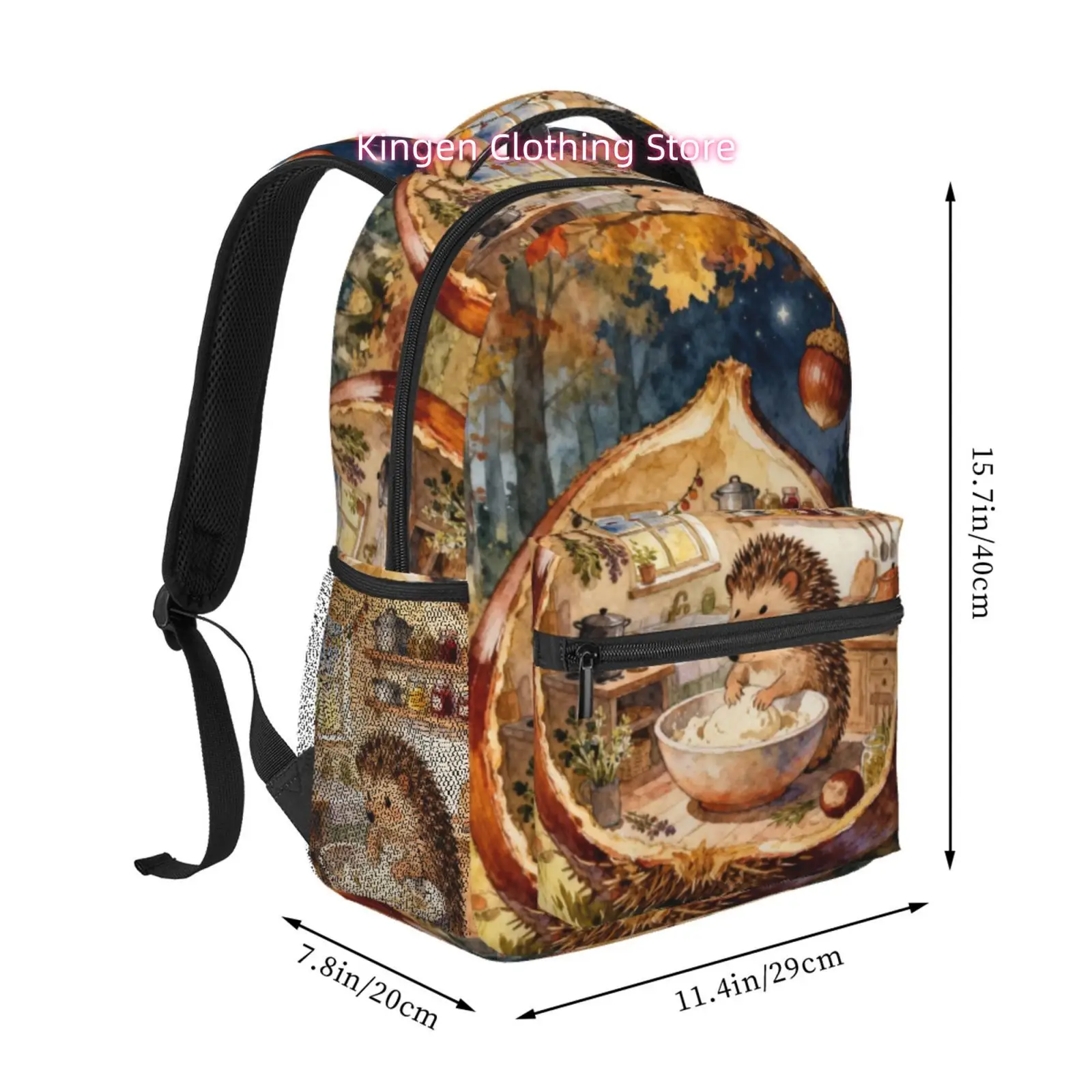 Large Capacity Watercolor Hedgehog & Acorn House Autumn Forest Print Backpack - Adjustable Laptop Suitable for Work,, Travel, Da