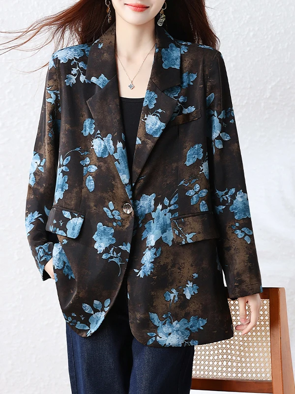 Fashionable Printed Thin Suit Jacket Women's Spring Autumn Loose Large Size Casual Versatile Long Sleeve Top Breathable Cotton