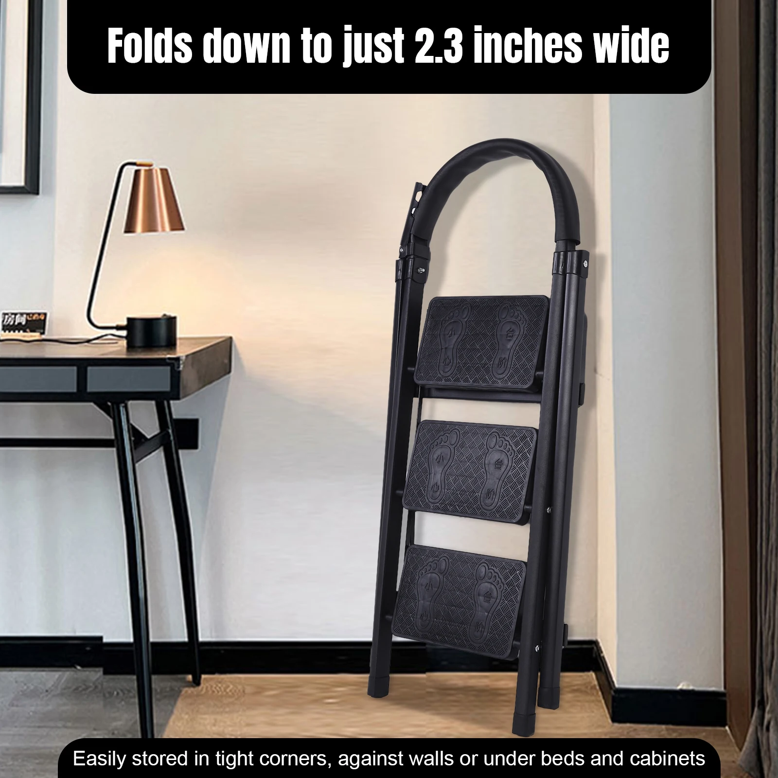 Escada dobrável de 3 degraus, escada de aço resistente, capacidade de carga de 300 lbs, passos de plataforma ampla, leve para cozinha doméstica, escritório