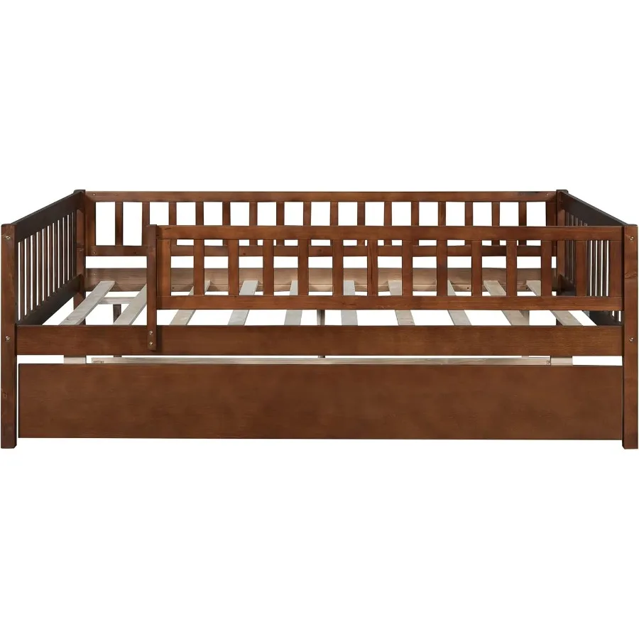 Full Size Daybed with Trundle Wood Full Platform Bed Frame with Rails No Box Spring Needed Easy Assembly for Bedroom or Guest R