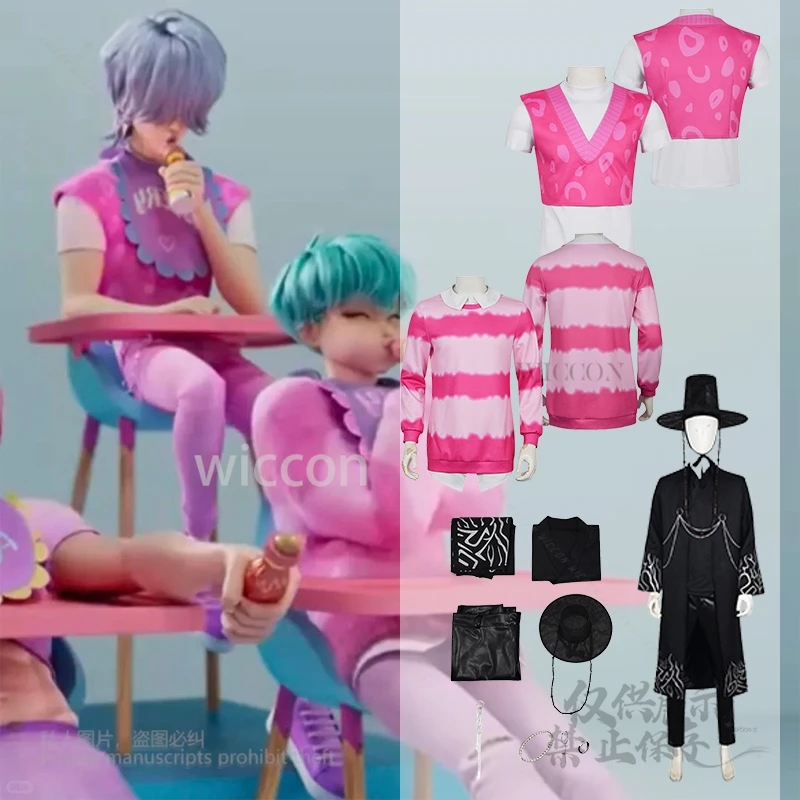 Anime K-POP película Demon Hunters superestrella Jinu traje negro bebé misterio camiseta rosa trajes chaleco Cosplay disfraz fiesta de Halloween