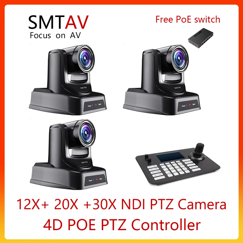 

SMTAV NDI PTZ Camera 1PCS 12X+20X +30X Zoom Live Streaming Camera For Church Business Meeting And 1PCS 4D Joystick Network