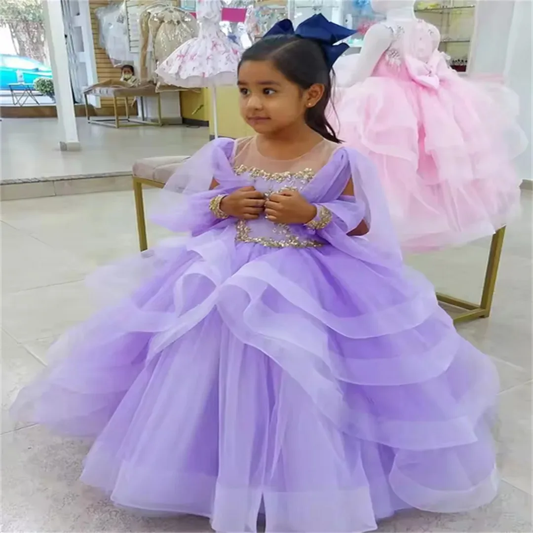 فستان فتاة الزهور الخزامى المخصص لحفلات الزفاف مزين بالدانتيل مع فيونكة الأميرة أول مناولة لحفلات أعياد الميلاد #1