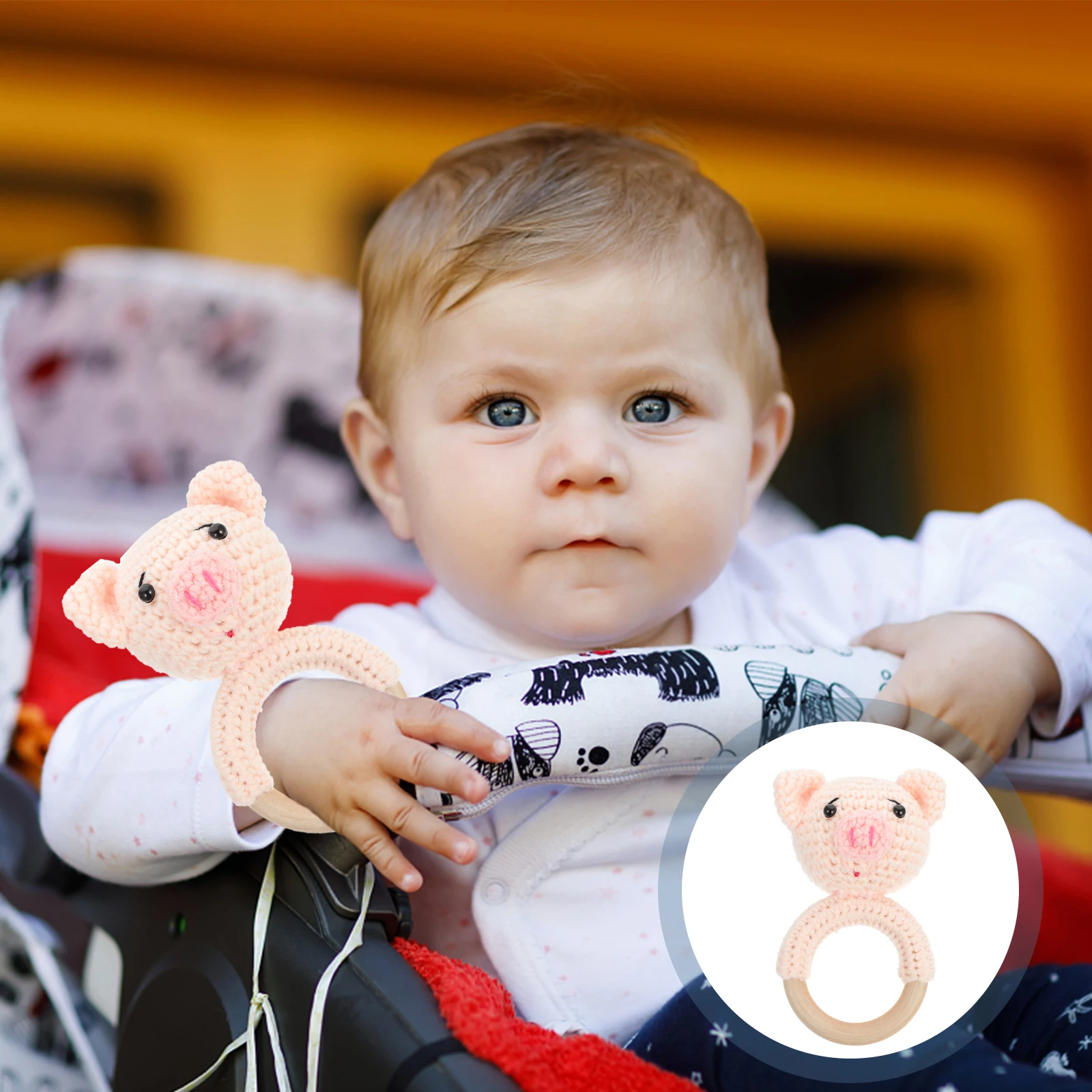 Porco bebê sensorial brinquedos de madeira agitar anel sensorial shaker mão calmante pacificando criança