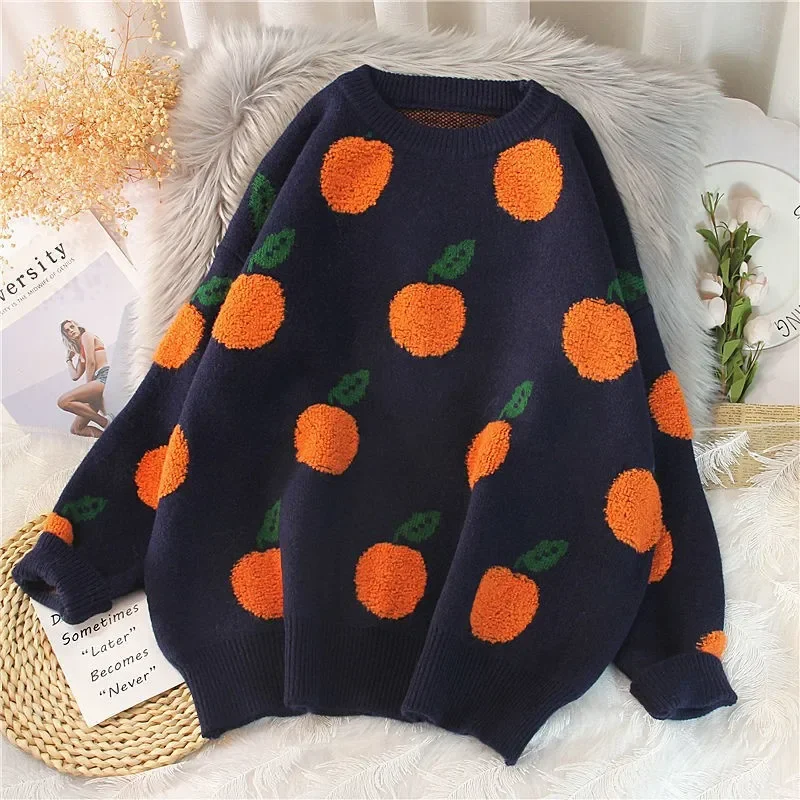 

Women Retro Elegant Street Jumpers Warm Sweaters Winter Spring Female O-Neck Loose Cartoon Casual Pullovers Korean Style