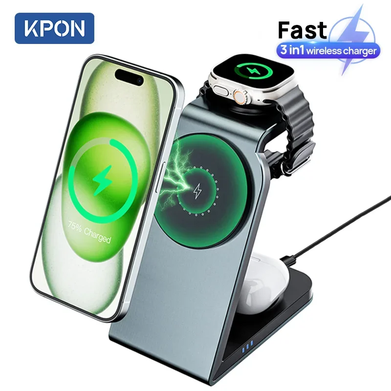 KPON 3 in 1 Magnetic Wireless Charging Station MagSafe Charger Stand for iPhone 16/15 Pro Max Apple iWatch 9/8/7/6/5 Airpods 3 2