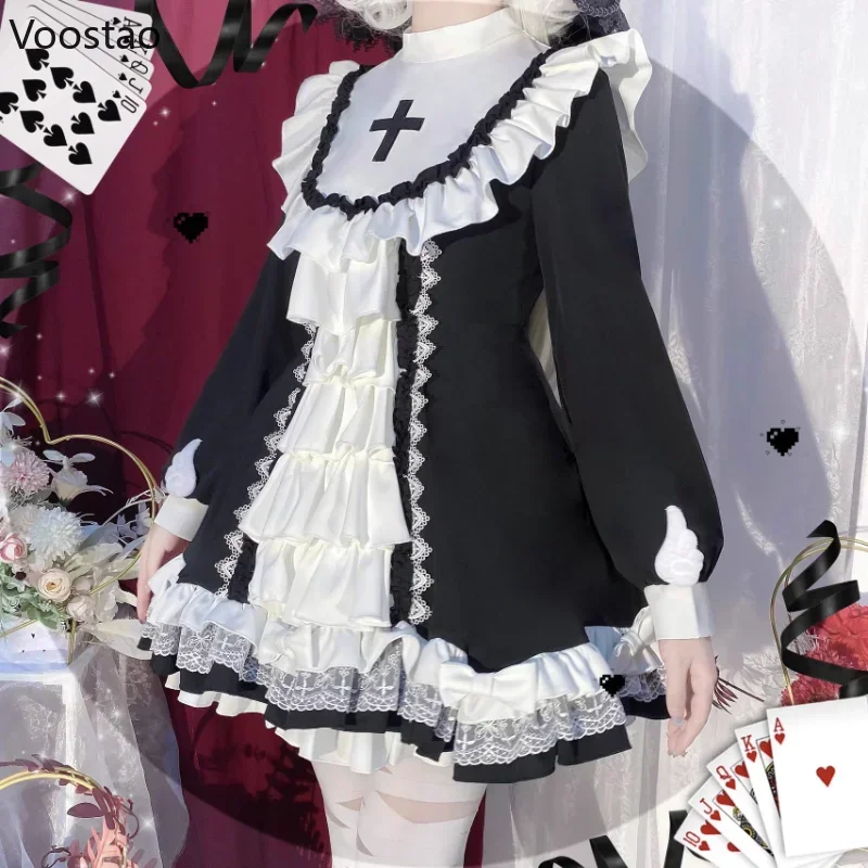 Japanese Gothic Lolita OP Dress Women Victorian Cross Embroidery Ruffles Cosplay Witch Maid Dresses Girls Sweet Party Dress 2023