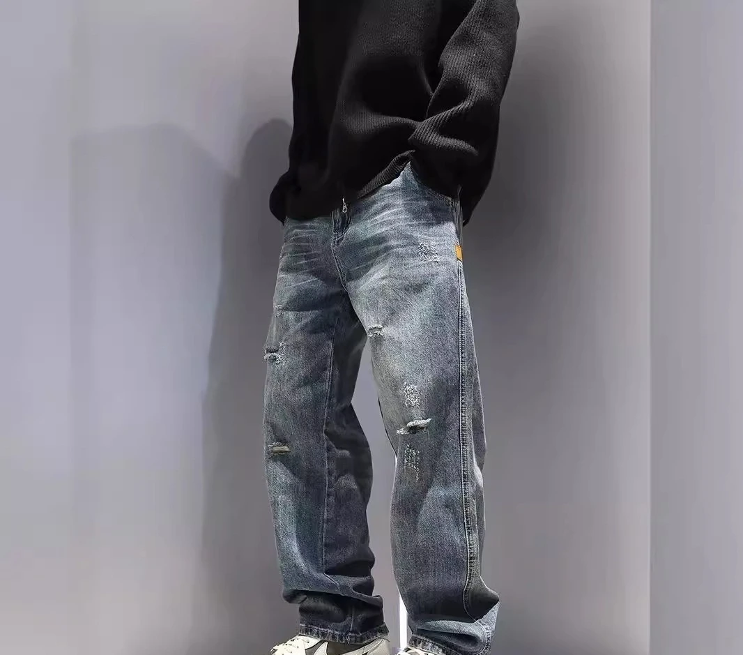 New Men's Ripped Jeans Baggy Straight Fashion Vintage Blue Denim Pants Personality Streetwear Hip Hop High Quality Male Trousers